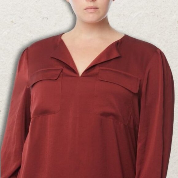 Jones New York Blouse Women's 1X Brick Red Button Up V-neckline Long Sleeves NWT - Picture 2 of 7